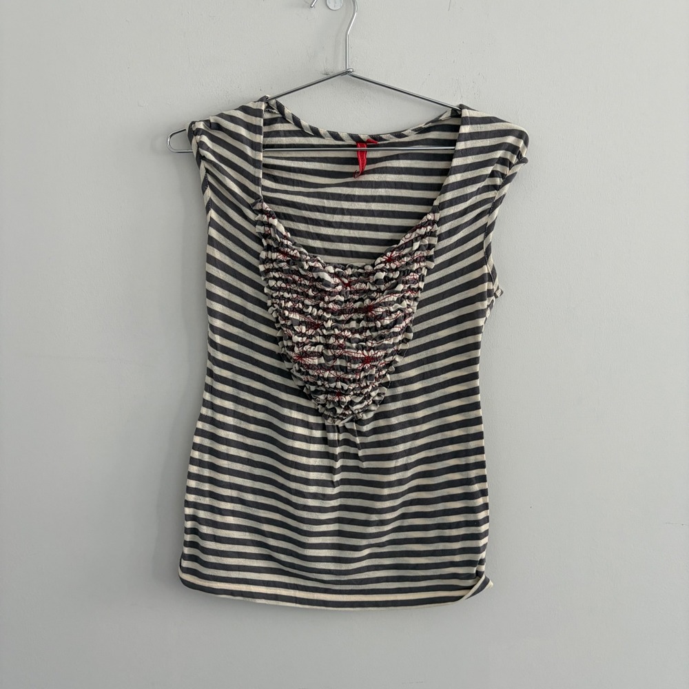 One.September Striped Ruffle Front Sleeveless Top Small Grey White